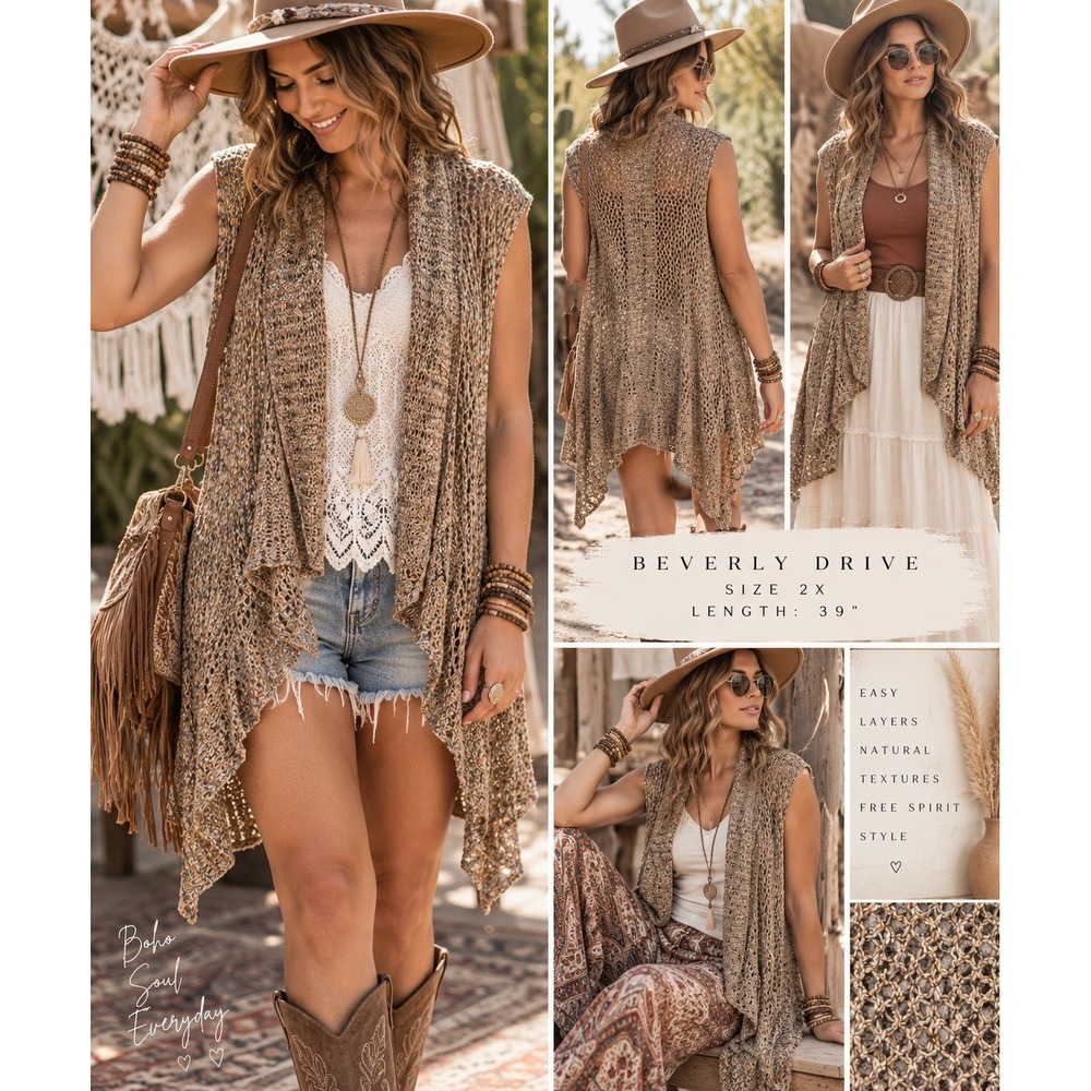 Beverly Drive 2X Bronze Metallic Crochet Knit Waterfall Vest Boho Cardigan